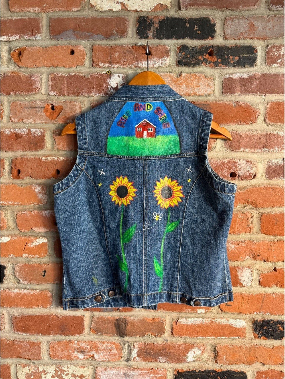 Bill Blass Vintage Denim Vest with Embroidered Sunflowers and 'Rise and Shine'